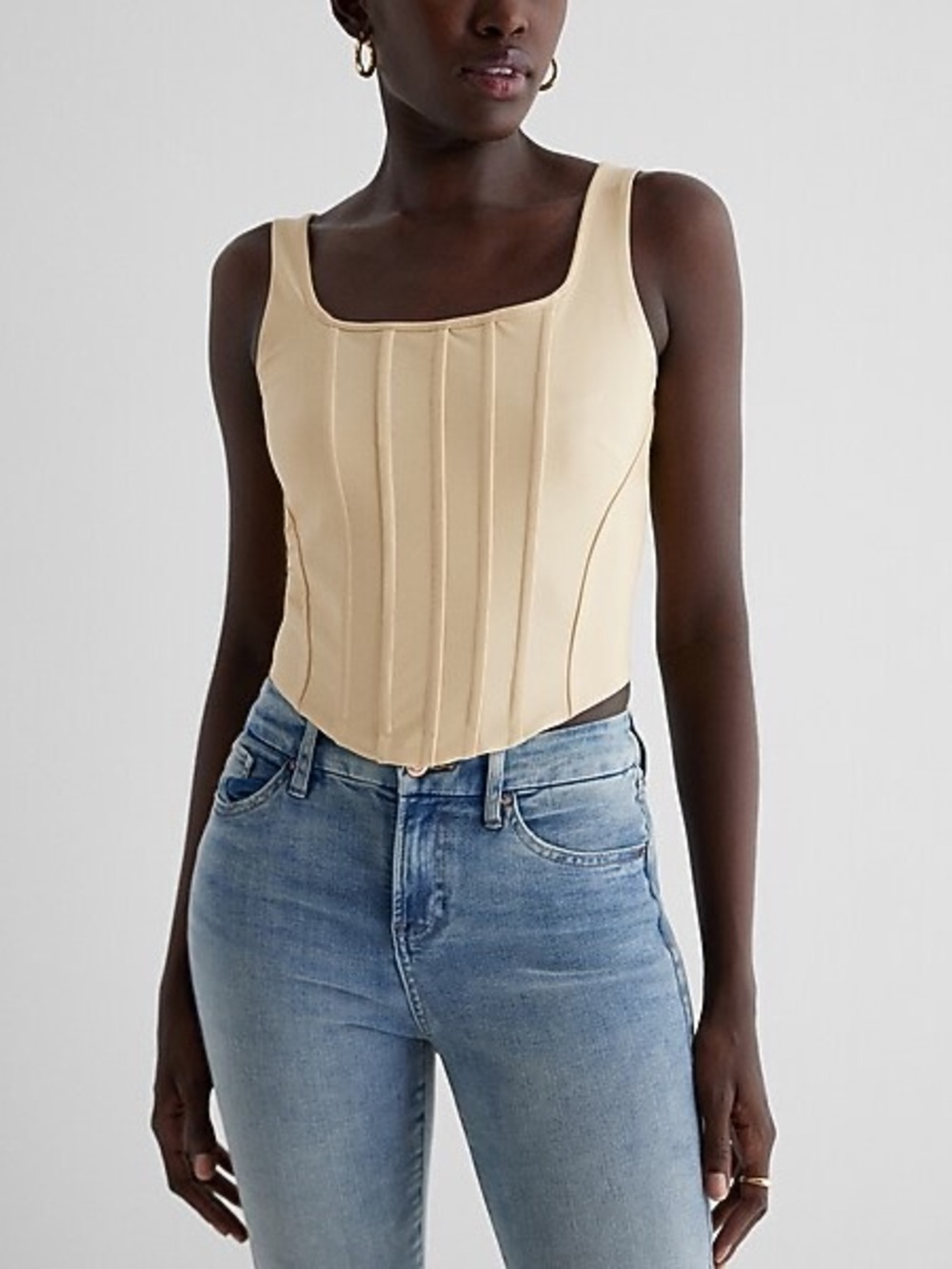 Express Body Contour Sleeveless Square-Neck Corset Top in Beige